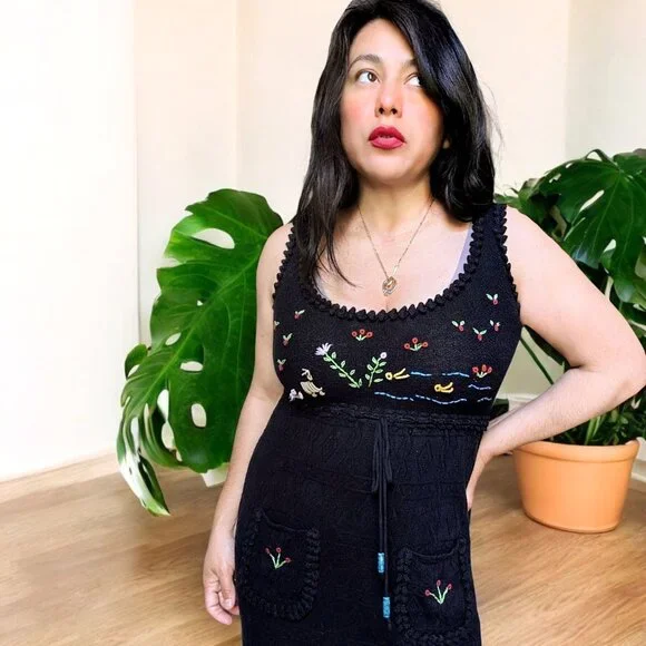 Betsey Johnson rare vintage 90's knit embroidered pointielle midi dress M - Picture 10 of 11